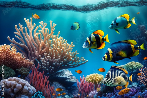 Colorful coral reef in the ocean with fish and sea life, background banner or wallpaper © Artofinnovation