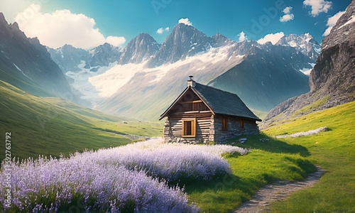 illustration of a mountain landscape in the alps, with a typical house. photo