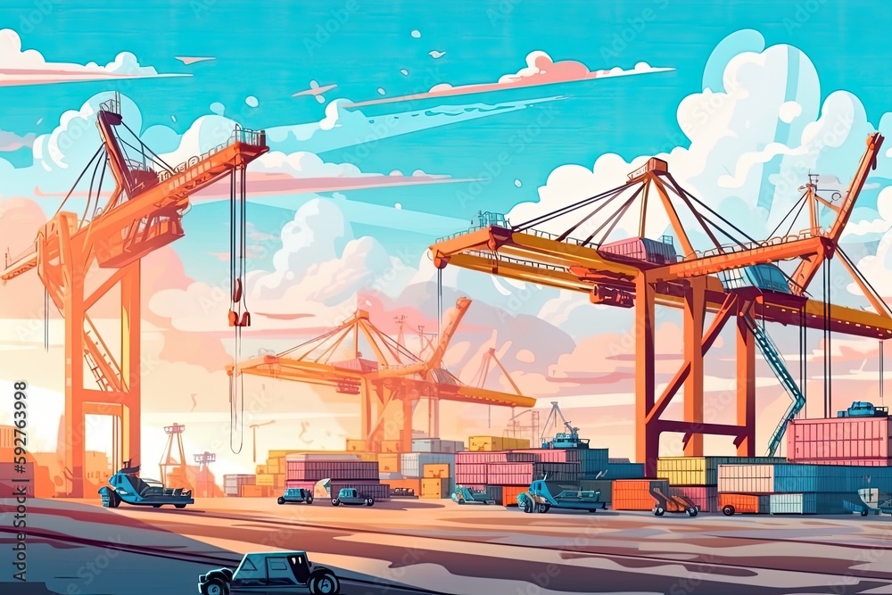 Using a quay crane, a business commercial global oversea logistics import export container box by container vessel unloads a consignment of freight at its original port of destination. Generative AI Using a quay crane, a business commercial global oversea logistics import export container box by container vessel unloads a consignment of freight at its original port of destination. Generative AI