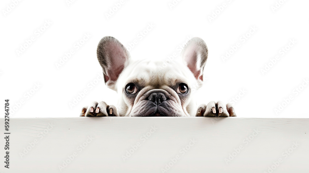 French Bulldog peeking out from behind a white table, on white background with copyspace.
