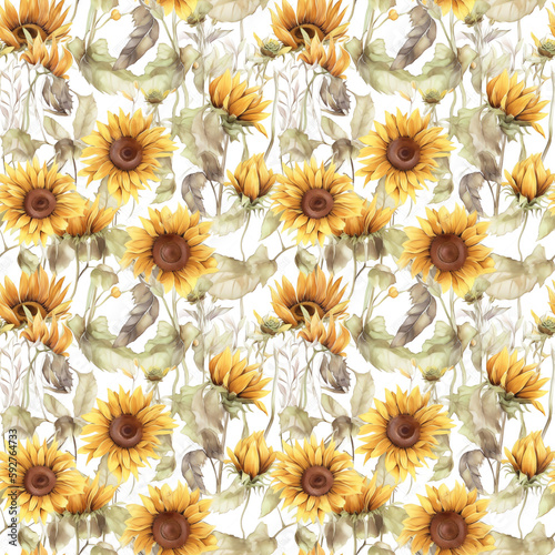 Sunflowers - Seamless Floral Print - Seamless Watercolor Pattern Flowers - perfect for wrappers, wallpapers, postcards, greeting cards, wedding invitations, romantic events. © PrintaDay