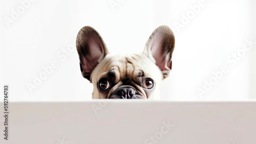 French Bulldog peeking out from behind a white table, on white background with copyspace.
