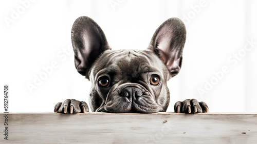 French Bulldog peeking out from behind a white table  on white background with copyspace.