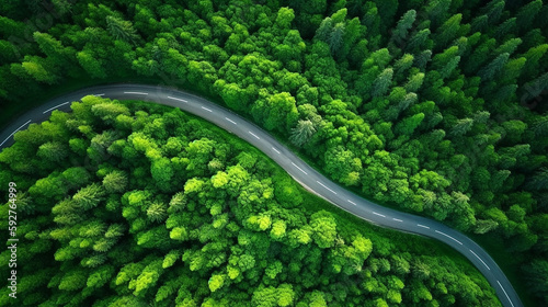 curvy road through green summer forest drone view