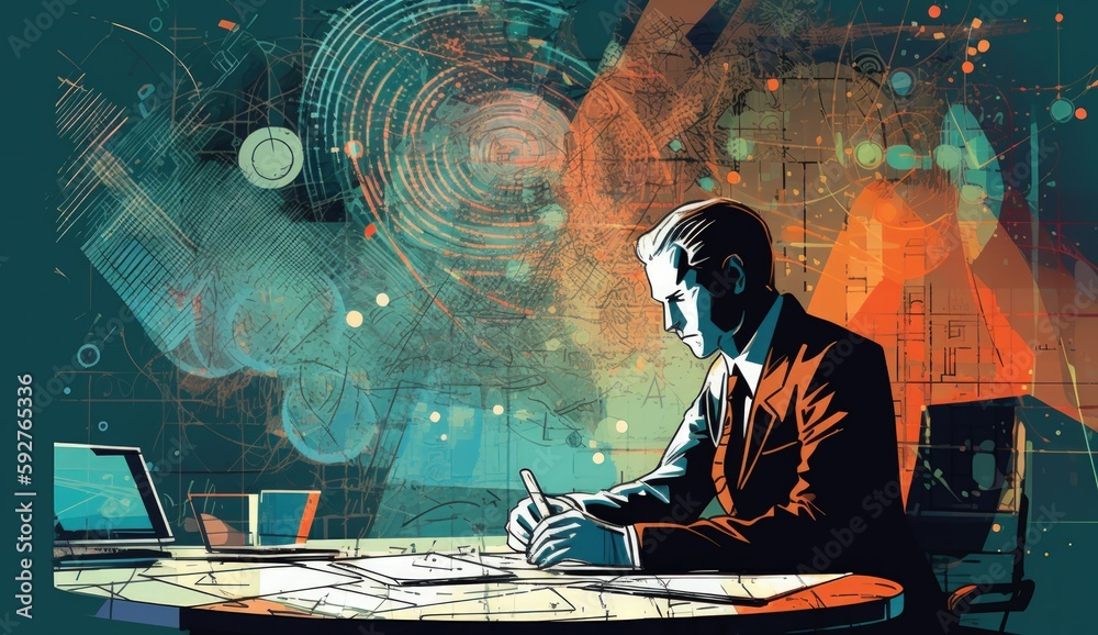 Cartoon Image of a Businessman Sitting at His Office Desk, Talking on ...