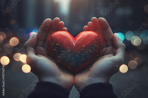 Person s hands hold a red heart on a cold day. Bokeh cinematic background. Cozy love and valentines day concept. Generative AI