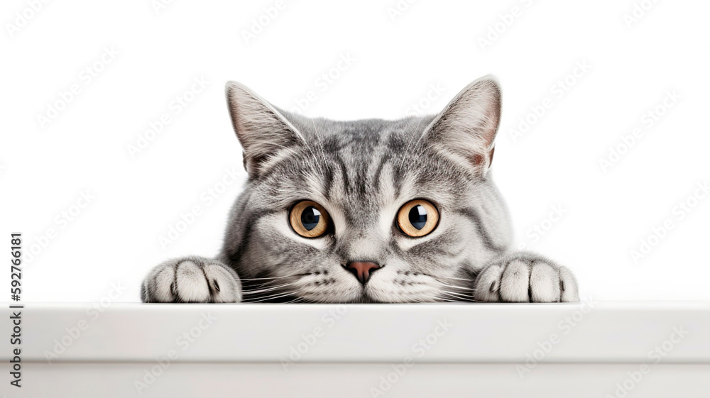 American Shorthair Cat peeking out from behind a white table, on white background with copyspace. American Shorthair Cat peeking out from behind a white table, on white background with copyspace.