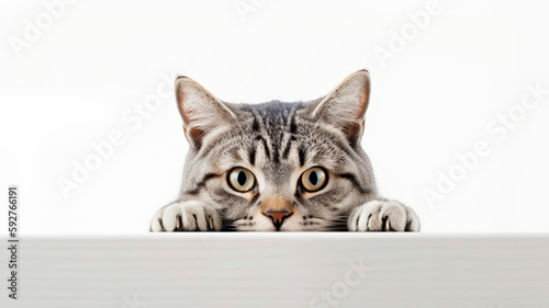 Fototapeta Naklejka Na Ścianę i Meble -  American Shorthair Cat peeking out from behind a white table, on white background with copyspace.