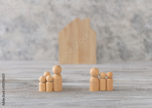 Different families joining at marriage. Star a new family concept. Rights of children born out of wedlock. Divorce and custody concept  on white background.  photo