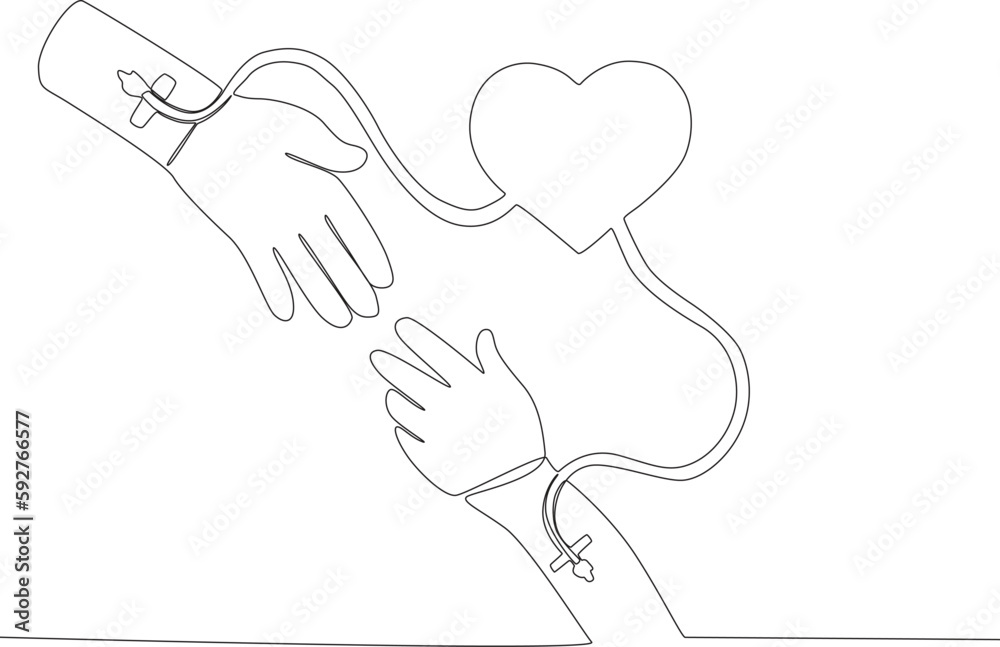 Two hands are donating blood. World blood donor day one-line drawing Two hands are donating blood. World blood donor day one-line drawing