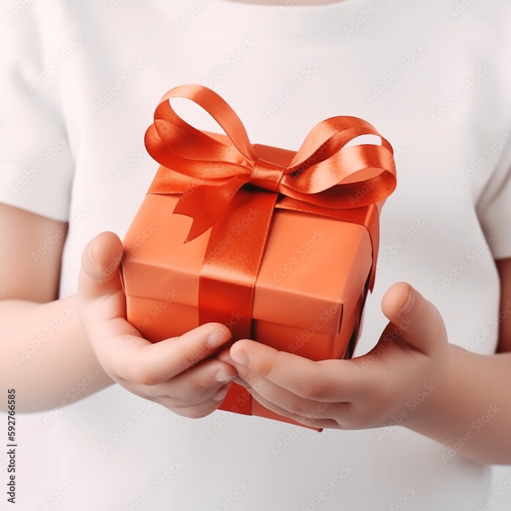 Child gives a gift, holds out beautiful box tied with ribbon, isolated on white background close-up, congratulatory background, ai generative Child gives a gift, holds out beautiful box tied with ribbon, isolated on white background close-up, congratulatory background, ai generative