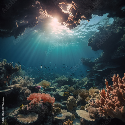 Coral reef, underwater shooting, beautiful colorful corals, fish, clear water, nice sea background, eye-catching wallpaper, ai generative