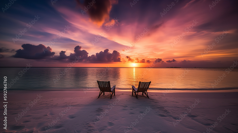 A romantic sunset on the white sand beach