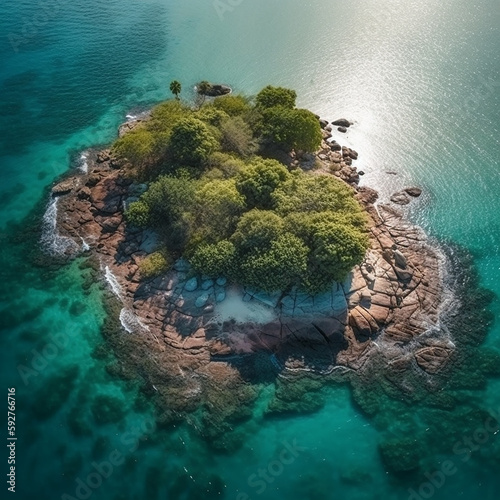 Arial view of a small island in the ocean with green trees and beautiful beaches and bays, a wonderful uninhabited island, ai generative