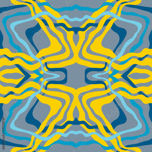 Traditional Ukrainian colors are yellow and blue. Abstract background with wavy relief lines. The beauty of natural relief lines in colorful horizontal lines. Wavy pattern of stripes of different thic