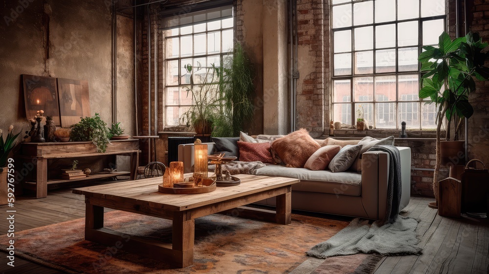 A rustic living room in an industrial style, filled with vintage decor and cozy textiles. Generative AI A rustic living room in an industrial style, filled with vintage decor and cozy textiles. Generative AI