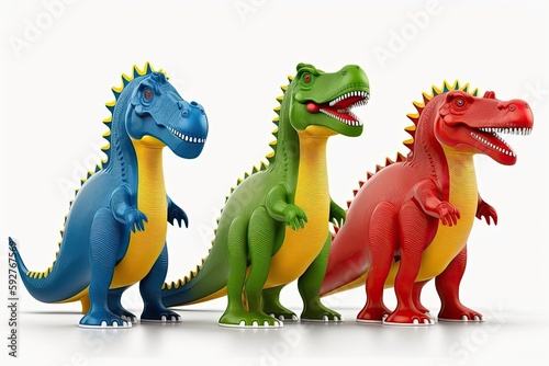 dinosaur toys made of plastic on a white backdrop. prominent position. Generative AI