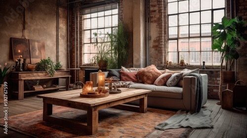 A rustic living room in an industrial style  filled with vintage decor and cozy textiles. Generative AI
