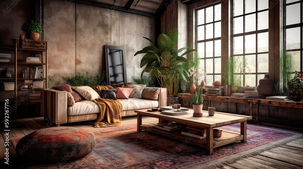 A rustic living room in an industrial style, filled with vintage decor and cozy textiles. Generative AI A rustic living room in an industrial style, filled with vintage decor and cozy textiles. Generative AI