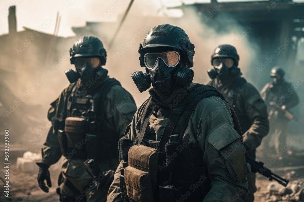 Soldiers in Military Uniforms and Gas Masks, Special Forces, Combat Zone, Generative AI Soldiers in Military Uniforms and Gas Masks, Special Forces, Combat Zone, Generative AI