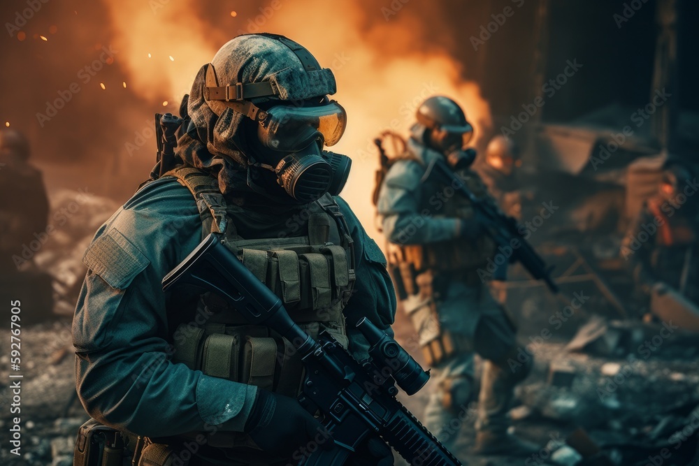 Special Forces Soldiers with Gas Masks And Assault Rifles in a Combat Zone, Fire and Smoke, Military, Generative AI