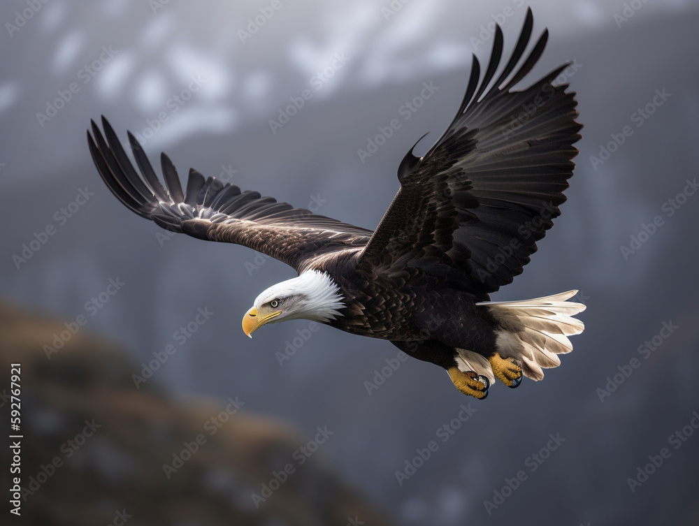 Eagle, Bird flying gracefully isolated blurred background of mountains - Generative AI Eagle, Bird flying gracefully isolated blurred background of mountains - Generative AI