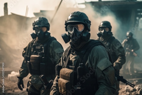 Soldiers in Military Uniforms and Gas Masks, Special Forces, Combat Zone, Generative AI © VarGoods