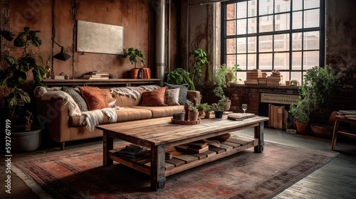 A rustic living room in an industrial style, filled with vintage decor and cozy textiles. Generative AI