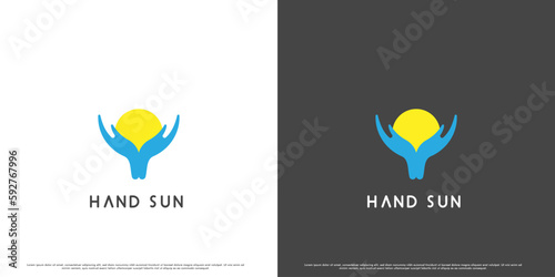 Solar hand sun logo design illustration. hand gesture silhouette of sun solar nature. Perfect for eco friendly business web app icon. power solar illustration for environment nature eco business.