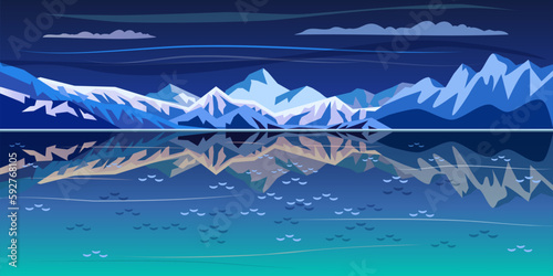 Nordic Lake landscape view wallpaper Nordic night sky stars, nord sea. Rocky Mountain, trails abundance of dry snowfall, travel poster flyer Christmas Vacation brochure cover illustration 