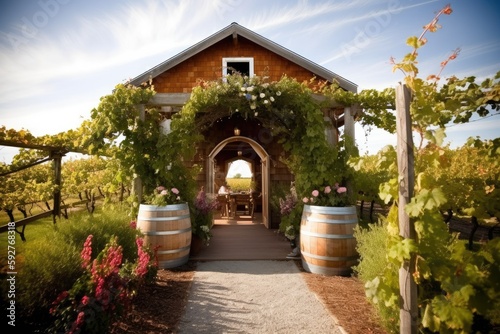 charming vineyard wedding venue with rolling vineyards  a rustic barn  a cozy wine cellar  and wine tasting options  providing a romantic setting for a winery-themed wedding - Generative AI