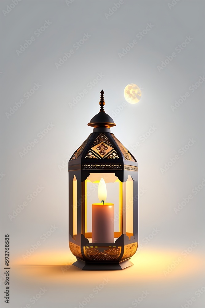 background with mosque and lanterns. 3d illustration of a mosque with golden, white, red moon and stars ornament. AI GENERATIVE