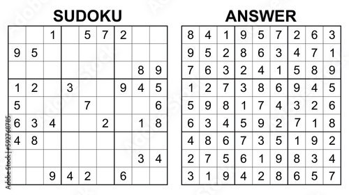 Vector sudoku with answer 14. Educational game with numbers for kids and leisure for adult on white background.