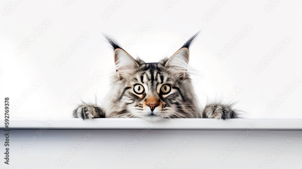 Maine Coon Cat peeking out from behind a white table, on white background with copyspace. Maine Coon Cat peeking out from behind a white table, on white background with copyspace.
