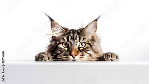 Maine Coon Cat peeking out from behind a white table, on white background with copyspace. © Melipo-Art
