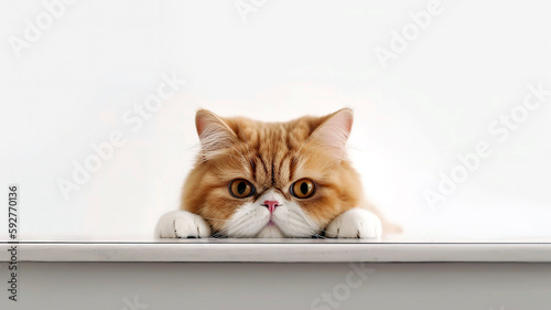 Exotic Shorthair Cat peeking out from behind a white table  on white background with copyspace.
