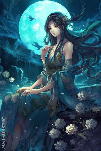 Japanese cartoon anime girl in a kimono dress in a flower field on a full moon made with generative AI