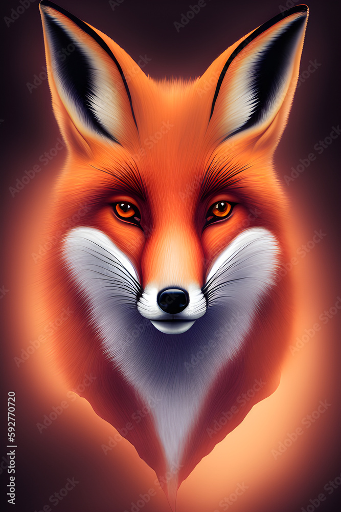 Portrait of a red fox on a dark background. The head of a beautiful forest animal. A clever look of a dodgy fox, a skilled predator and an elegant animal, generative ai Portrait of a red fox on a dark background. The head of a beautiful forest animal. A clever look of a dodgy fox, a skilled predator and an elegant animal, generative ai