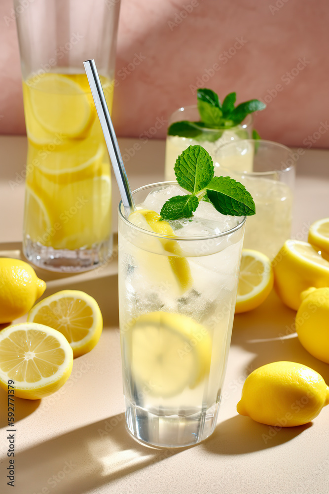 Lemonade with lemon, mint and ice cubes in glass. Cold summer refreshing drink or beverage Lemonade with lemon, mint and ice cubes in glass. Cold summer refreshing drink or beverage