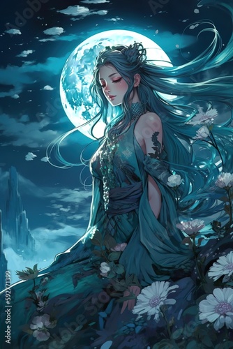 Japanese cartoon anime girl in a kimono dress in a flower field on a full moon made with generative AI