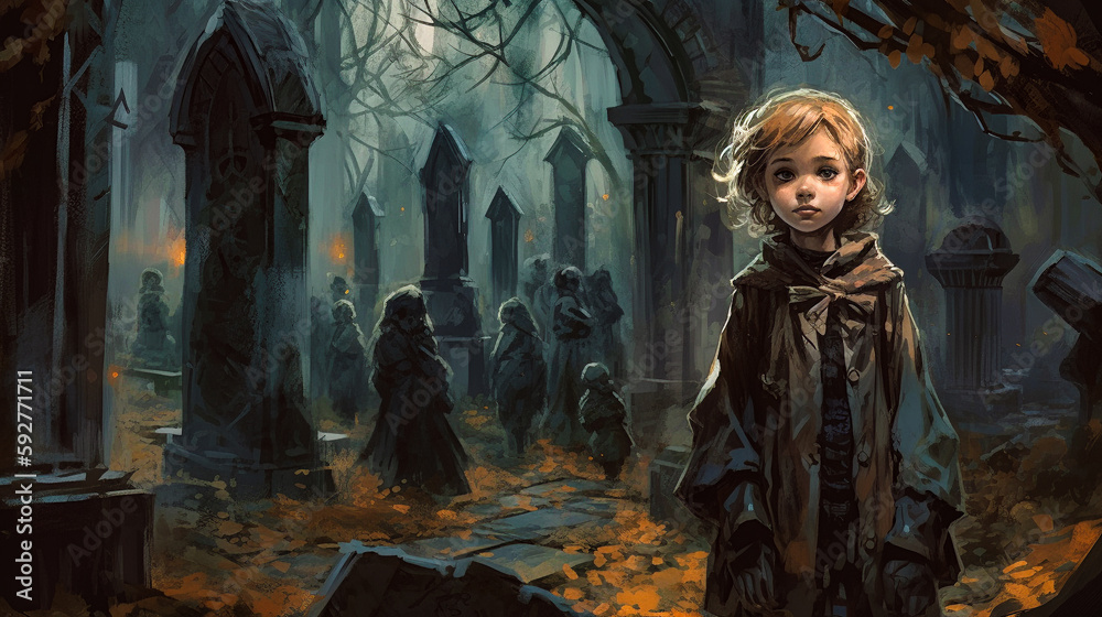 A young girl, in a haunter graveyard with friends and ghost illustration painting. Digital ai generated art.