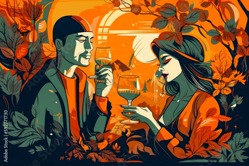 Vaporpunk illustration showing a man and a woman with a glass of wine. Generative AI photo