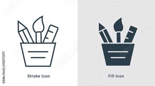 Stationary icon with brush, pen, scale icon line art vector