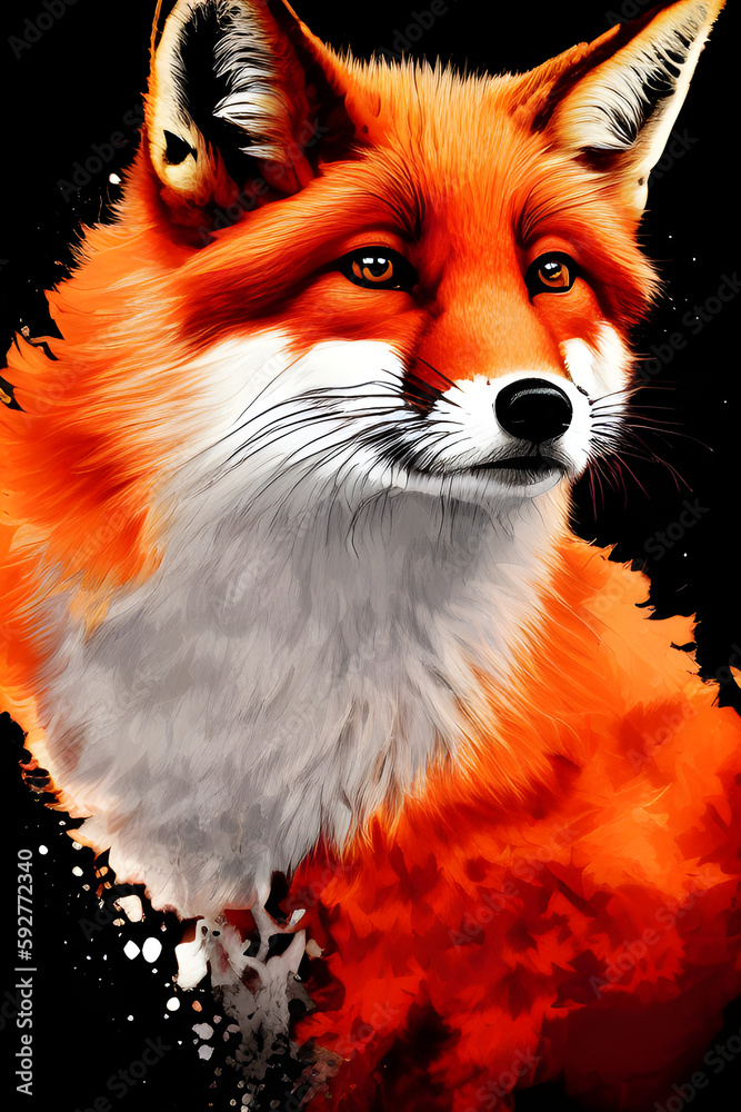 Portrait of a red fox on a dark background. The head of a beautiful forest animal. A clever look of a dodgy fox, a skilled predator and an elegant animal, generative ai