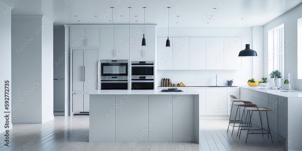 Well lit spacious kitchen mockup in white wall colors with furniture giving some level of contrast Well lit spacious kitchen mockup in white wall colors with furniture giving some level of contrast