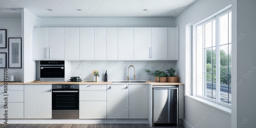 Well lit spacious kitchen mockup in white wall colors with furniture giving some level of contrast Well lit spacious kitchen mockup in white wall colors with furniture giving some level of contrast