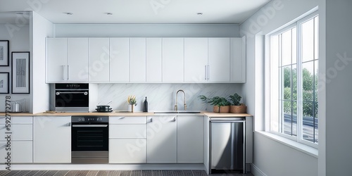 Well lit spacious kitchen mockup in white wall colors with furniture giving some level of contrast