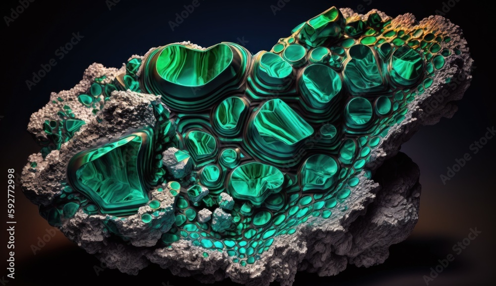 Texture of crystalline stone ore from malachite and other precious minerals. Created with AI.