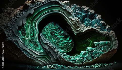 Texture of crystalline stone ore from malachite and other precious minerals. Created with AI. © Ренат Хисматулин