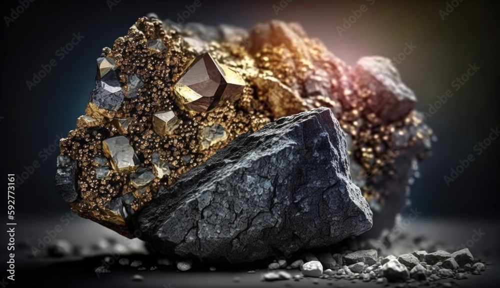 deposits of crystalline platinum and gold ore in a nugget. Precious minerals of different types and textures. Created with AI.